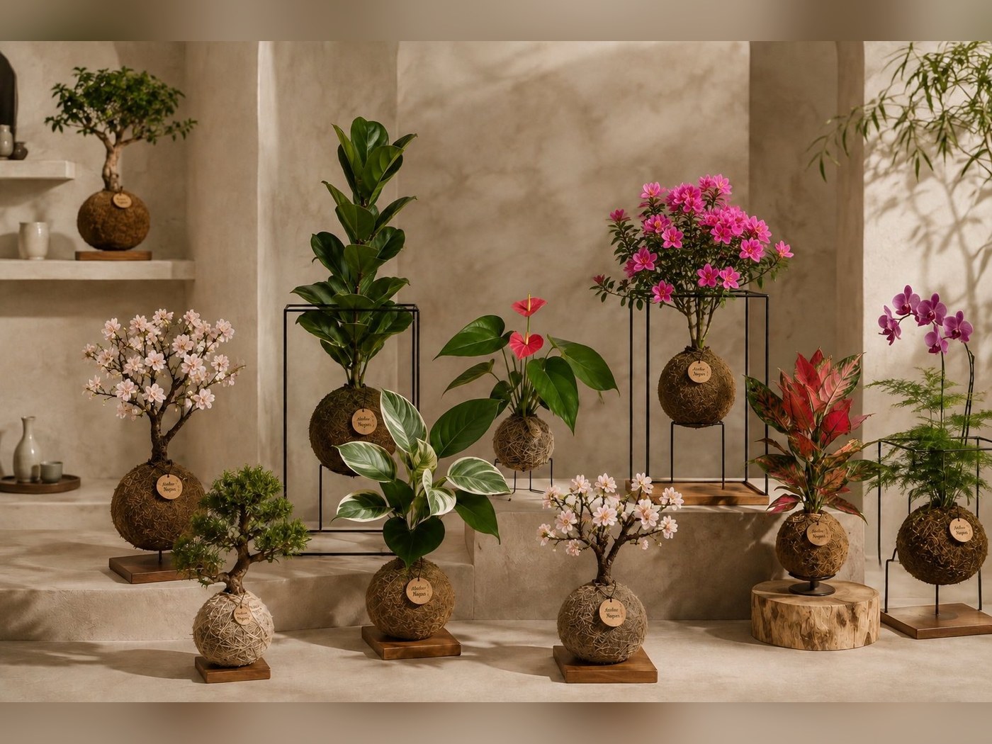Coleção de kokedamas e bonsais do Atelier Nagori