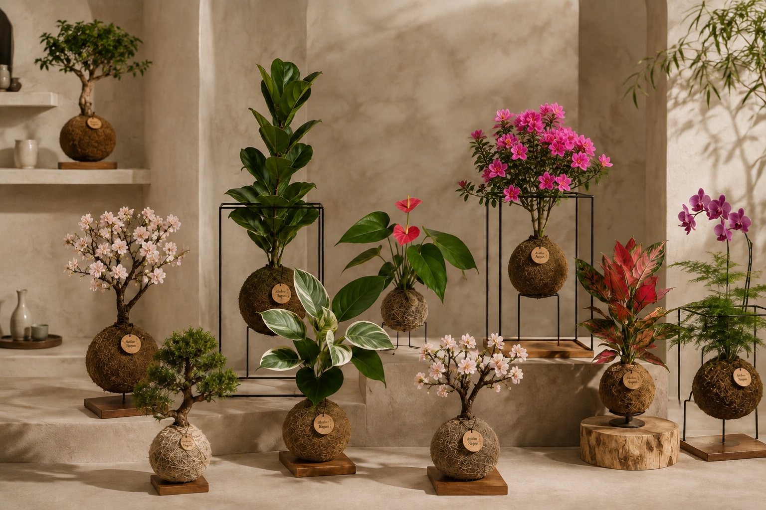 Coleção de kokedamas e bonsais do Atelier Nagori